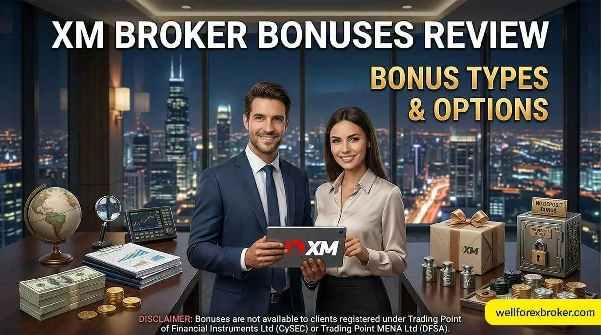 Professional traders in a modern office presenting XM Broker review bonuses, featuring deposit options and a disclaimer for CySEC and DFSA regions