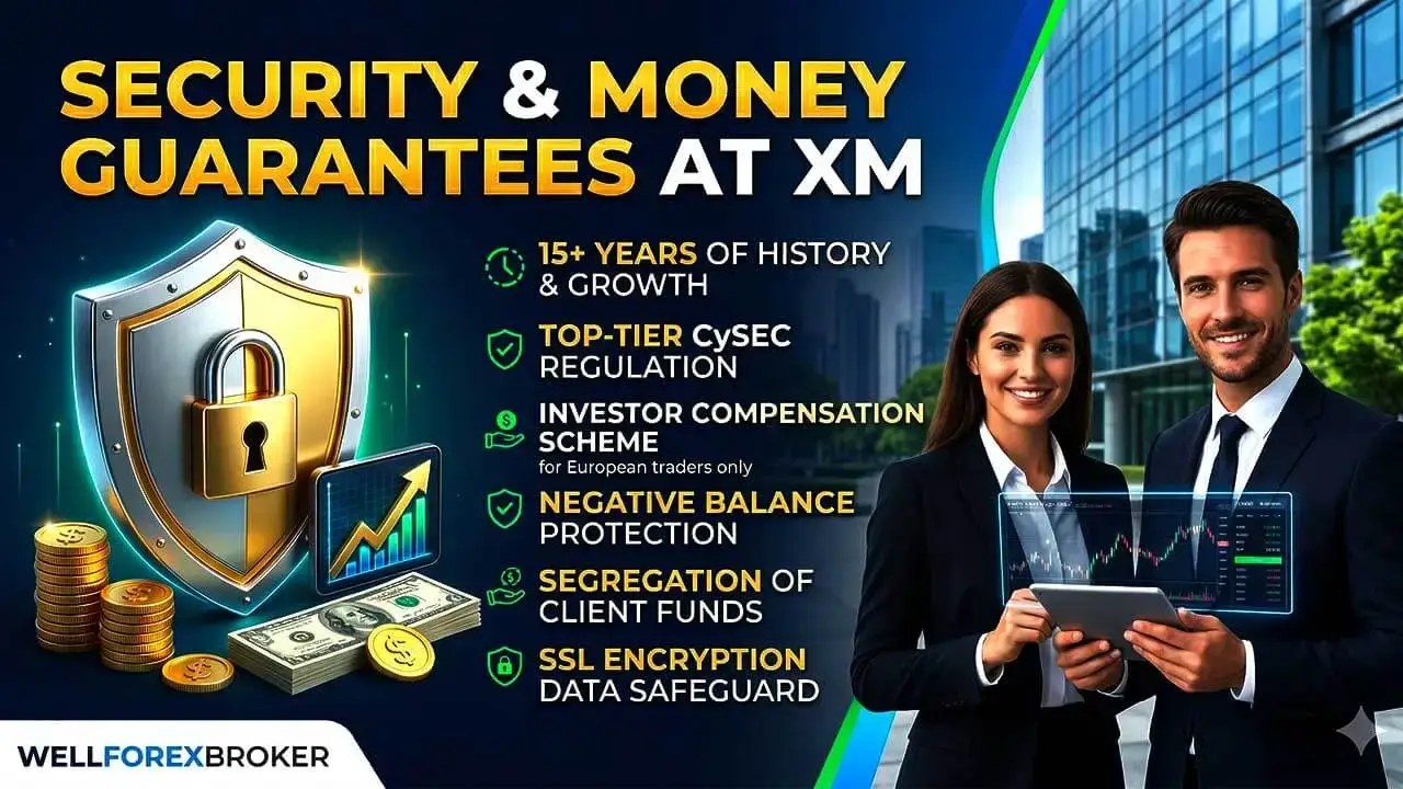 Infographic for XM Broker review showing security features including CySEC regulation, fund segregation, and money guarantees for traders.
